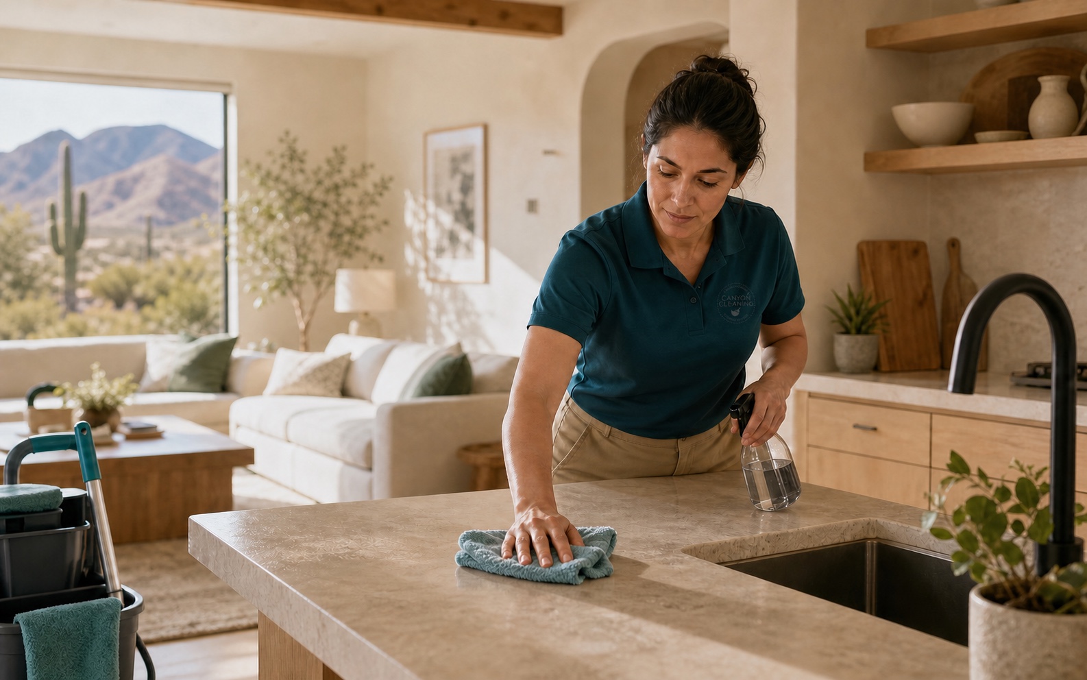 Professional cleaner wearing a Canyon Cleaning polo while wiping a kitchen island in a bright desert home